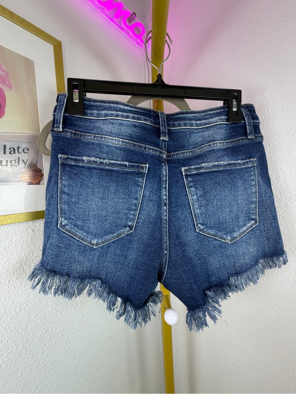 Pink Lily Dark Blue Distressed Denim Jean Shorts - Large - 30” Waist - Stretchy - Picture 3 of 8